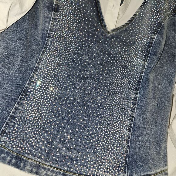 VENUS Blue Denim Vest with White Sleeves Size 8 - Picture 2 of 5